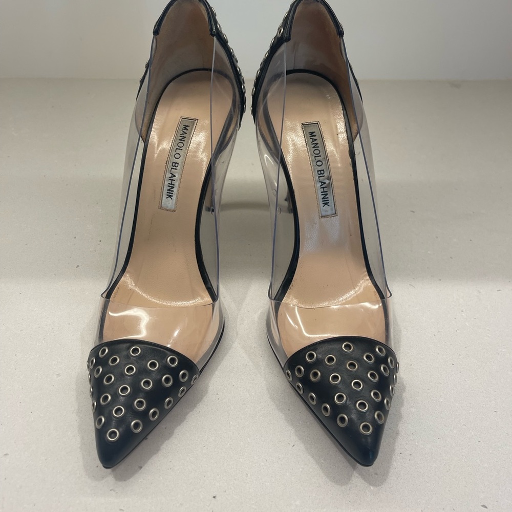 Manolo Blahnik studded black pump with lucite sides